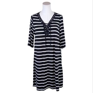 Exist Black White Striped Lace-Up Knit Dress XL Casual Stretchy Lightweight